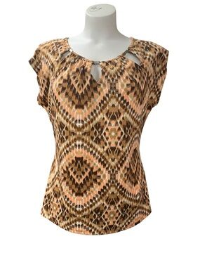 Mandy Evans Brown & Peach Patterned Keyhole Short Sleeve Top Size L